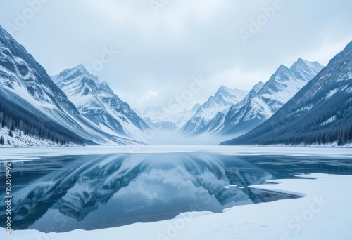  Crisp Winter Air A breathtaking view of towering mountains reflected in a still, frozen lake under a pale blue, overcast sky.