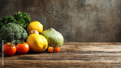 Fresh produce on rustic wooden table for Sustainable Gastronomy Day