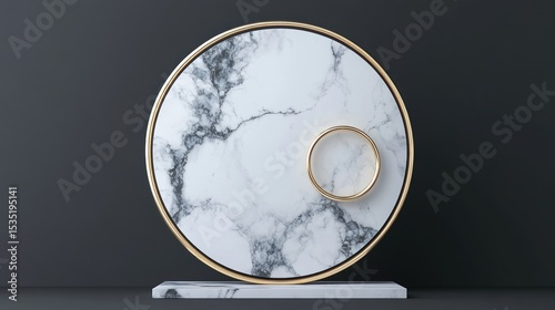 Round marble surface with gold frame and inner circle.