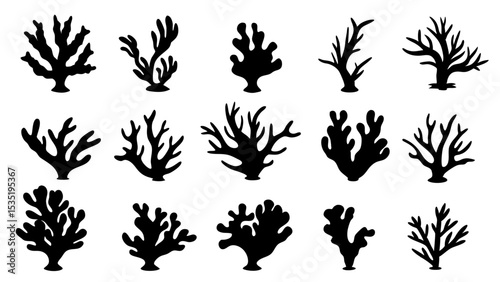 Seaweed silhouettes, coral black icon. Abstract organic shape, underwater plant, matisse element, cute sea doodle.