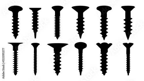 Set of black various screws vector silhouette