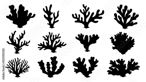 Seaweed silhouettes, coral black icon. Abstract organic shape, underwater plant, matisse element, cute sea doodle.
