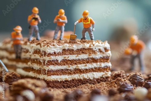 Miniature construction workers are diligently building a delicious layered chocolate cake, showcasing teamwork and expertise