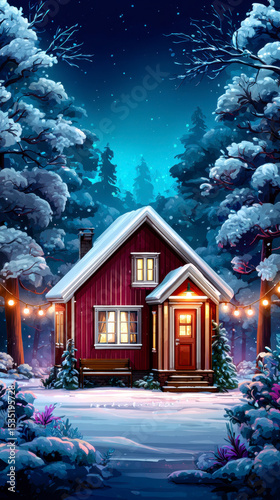 A red house sits among snow covered trees on a dark winter night with string lights hung nearby.