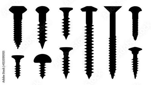 Set of black various screws vector silhouette