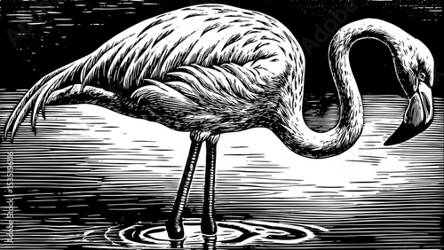 flamingos standing in shallow water with bent necks black and white sketch vector