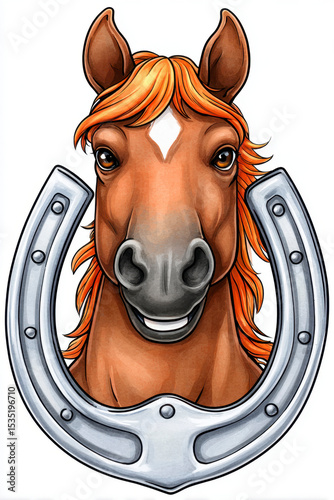 Illustration of a Cheerful Horse Framed by a Metallic Horseshoe