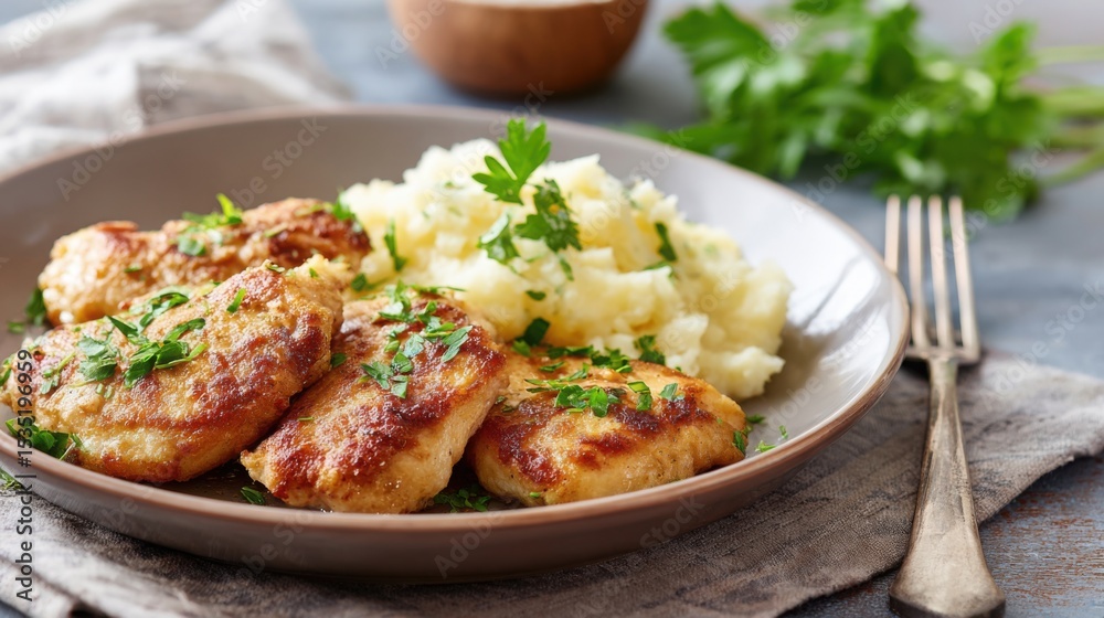 golden brown chicken cutlets served on a plate with mashed potatoes and fresh herbs, cozy family kitchen vibe golden brown chicken cutlets served on a plate with mashed potatoes and fresh herbs, cozy family kitchen vibe