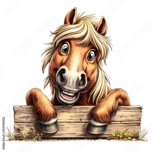 A brown horse cartoon looks over the top of a wooden fence and smiles with joy, looking forward at the viewer.