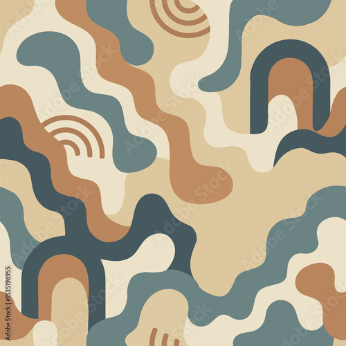 Seamless abstract geometric pattern with flowing shapes and arches in earthy tones of terracotta, beige, and blue. Perfect for modern backgrounds and textile designs.