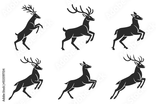 Elegant vector illustrations featuring silhouetted deer in dynamic leaping and jumping poses