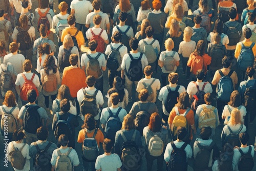 Students walking with backpacks in a large crowd, seen from an elevated perspective