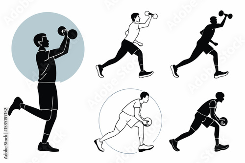 Minimalist illustration of a man performing various exercises with weights and a ball