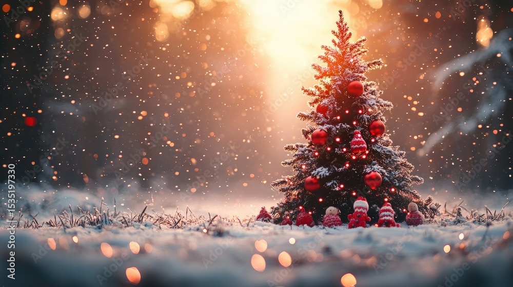 Naklejka premium Christmas tree decorated with red balls and knitted toys in forest in snowdrifts in snowfall