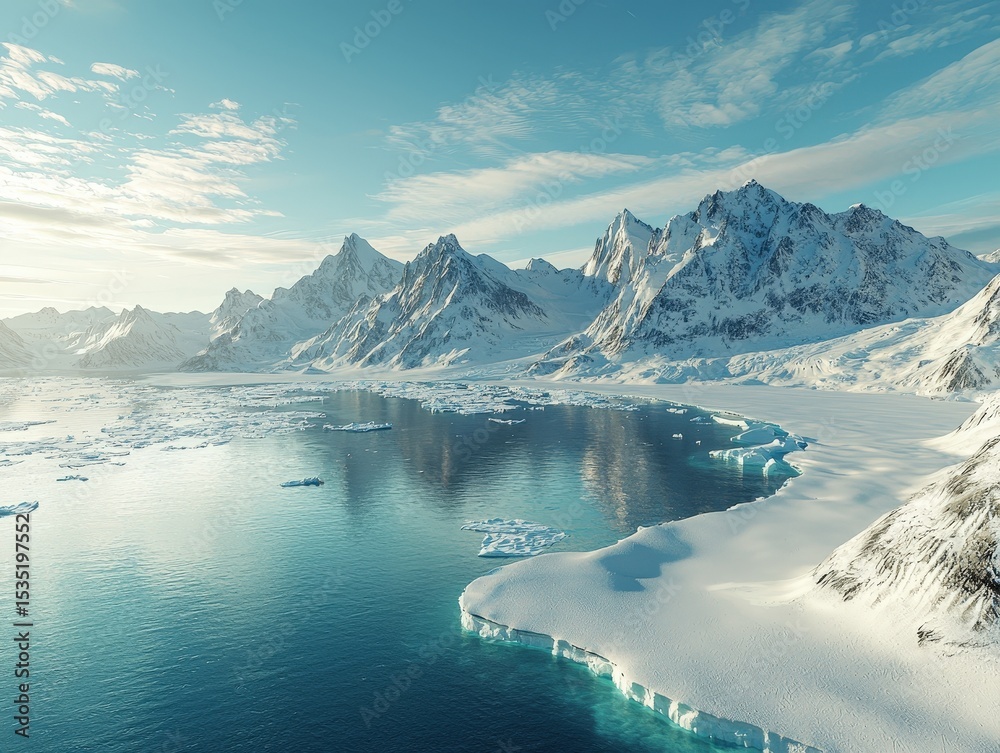 Fototapeta premium Antarctica ocean bay aerial landscape in sunny day, melting ice floe on water surface, snow covered mountains