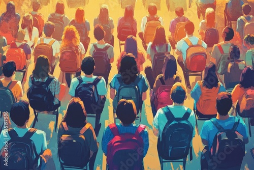 Students are attending a presentation, sitting on chairs with backpacks, viewed from behind