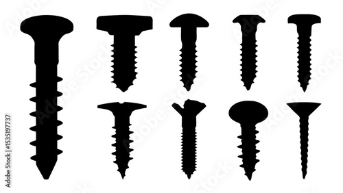 Set of black various screws vector silhouette