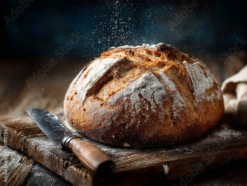 A fresh loaf of artisan bread on a wooden board with flour dust and a knife