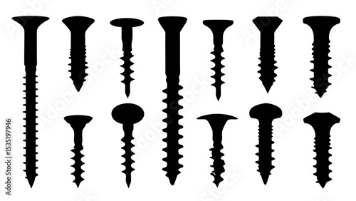 Set of black various screws vector silhouette