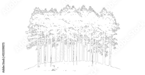 Stylized Tree Line and Architecture Vector Illustration. Minimal style cad tree line drawing.