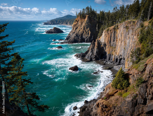 Wild coastline of Oregon with rocky cliffs and crashing waves
