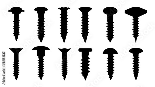 Set of black various screws vector silhouette