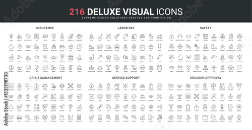 Online support, business decision, labor and crisis management line icon set. Equipment for worker safety, deposit and property, life insurance service thin black outline symbols vector illustration