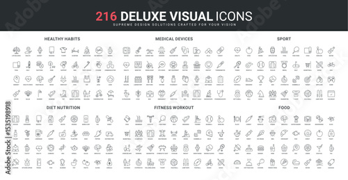 Healthy habits, fitness workout and sport, drink and food line icon set. Medical devices for health check and laboratory, fastfood restaurant menu test thin black outline symbols vector illustration