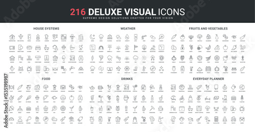 Farm vegetables and fruits, weather forecast, house systems control line icons set. Food and drinks from restaurant bar menu, modern lifestyle planner thin black outline symbols vector illustration