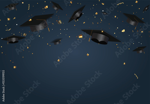 Graduation class of 2021 with graduation cap hat and confetti. Vector Illustration