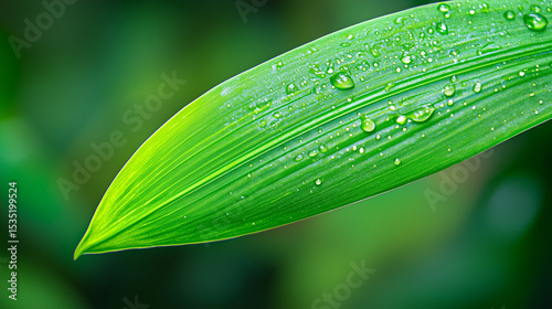 Fresh green leaf with glistening water droplets, a symbol of nature's delicate beauty