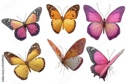 Colorful butterflies, unique species showcasing wing patterns and natural diversity isolated on white background