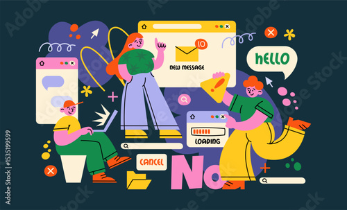 Cartoon characters with internet search bar and digital icons in memphis style. Surfing the Internet, website, online company. Search panel in the browser. Vector mascot illustration