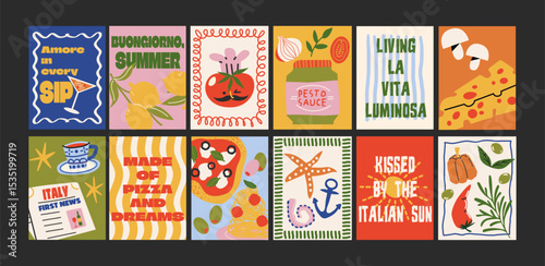 Abstract Italian summer posters in 90s style. Bright compositions: pizza, lemons, cocktails, seafood in cartoon trendy retro style. Decor for kitchens, cafes and restaurants. Minimalist wall banners
