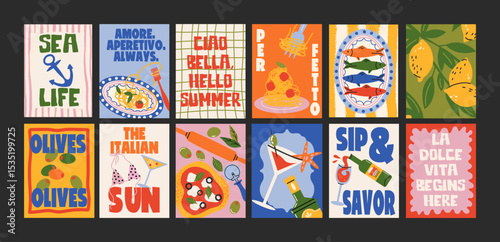 Abstract Italian summer posters in 90s style. Bright compositions: pizza, lemons, cocktails, seafood in cartoon trendy retro style. Decor for kitchens, cafes and restaurants. Minimalist wall banners