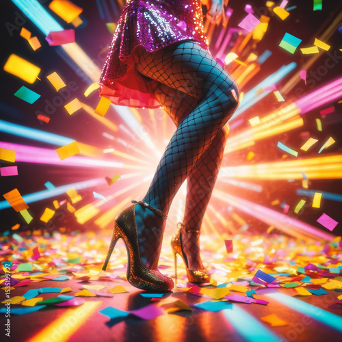 Legs in fishnet stockings and heels dance on a confetti-covered floor amidst vibrant party lights. Celebration and energy captured.