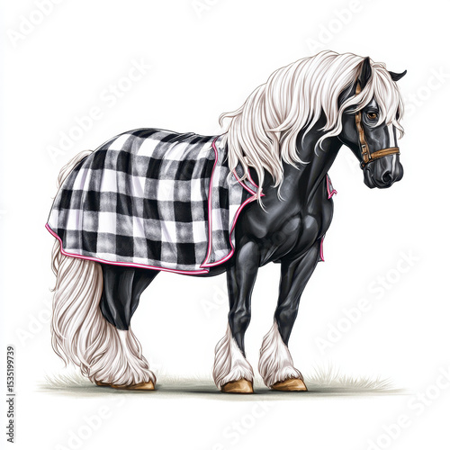 Elegant Black Horse With Flowing White Mane and Plaid Blanket