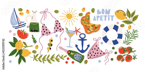 Cartoon Italian summer stickers in retro 90s style. Summer party, vacation, beach season, pizza, sun, cocktails. Bright summer elements and shapes. Sticker pack of patches, labels, stamps
