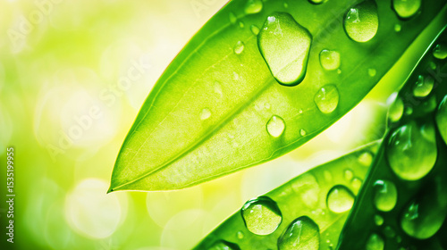 Fresh green leaf with glistening water droplets, a symbol of nature's delicate beauty