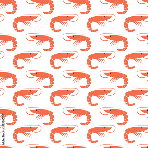 Flat ocean prawn food. Seamless shrimp pattern. Seafood print. Fresh marine shrimps.