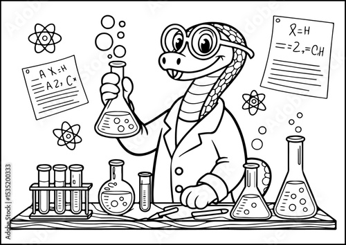 Anthropomorphic Animals, coloring page, This smart snake makes awesome experiments in the science lab!