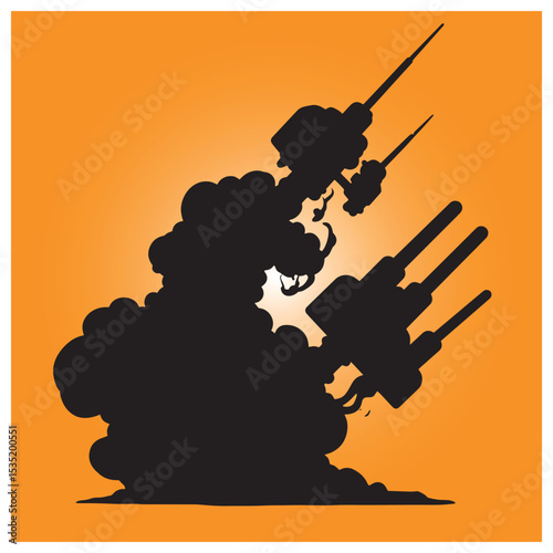 Abstract silhouette of warship turrets with smoke against orange background