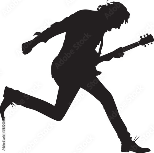 Silhouette of Musician with Guitar in an action pose on png background