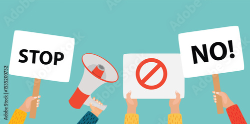 People Hands holding blank placard, protests banners, empty vote signs. Vector Illustration
