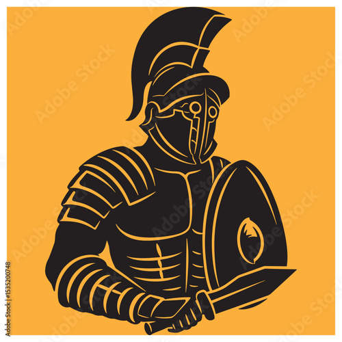 A silhouette illustration of a roman gladiator prepared with shield and sword on yellow background