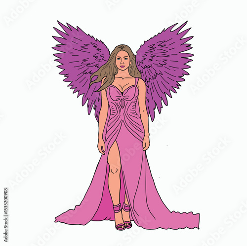 Woman angel with wings, spreading its wings. Her hair fluttering hair, she spreads her arms to the sides. Cartoon Style Illustration
