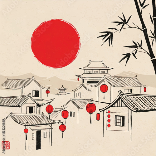Japanese garden with traditional buildings and urban sketch style