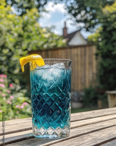Bright blue cocktail with a lemon slice served outdoors in a garden on a sunny afternoon