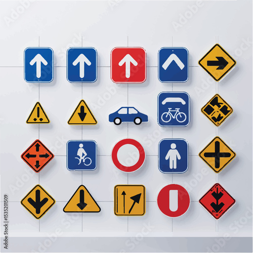 Yellow vector road warning signs set with black danger symbols and traffic arrows