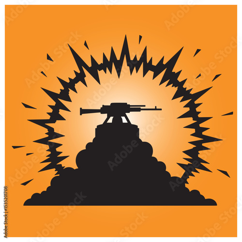 Silhouette of a machine gun and explosion on an orange background ready for war